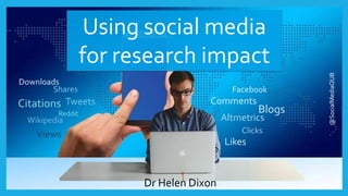 Using social media
for research impact
Dr Helen Dixon
@SocialMediaQUB
Tweets
Wikipedia
Blogs
Comments
Likes
Shares
Views
Downloads
Clicks
Reddit
Facebook
Citations
Altmetrics
 