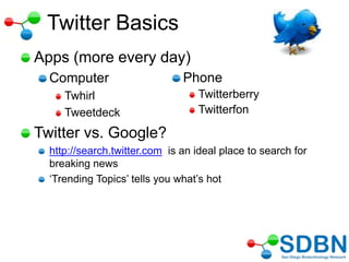 Twitter Basics
Apps (more every day)
Computer
Twhirl
Tweetdeck
Twitter vs. Google?
http://search.twitter.com is an ideal place to search for
breaking news
‗Trending Topics‘ tells you what‘s hot
Phone
Twitterberry
Twitterfon
 