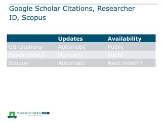 Google Scholar Citations, Researcher
ID, Scopus


               Updates      Availability
GS Citations   Automatic    Public
ResearcherID   Manually     Public
Scopus         Automatic    Next month?
 