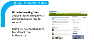 Dating/Connection Sites
Niche Networking Sites
allowed those sharing similar
demographics like race to
connect.
Examples: ...