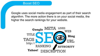Boost SEO
Google uses social media engagement as part of their search
algorithm. The more action there is on your social m...