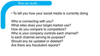Run an audit…
• To tell you how your social media is currently doing
Who is connecting with you?
What sites does your targ...