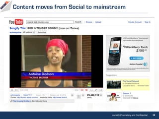 Content moves from Social to mainstream




                                  social3i Proprietary and Confidential   12
 