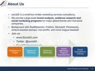 social3i Proprietary and Confidential 3
About Us
• social3i is a small but nimble marketing services consultancy
• We prov...