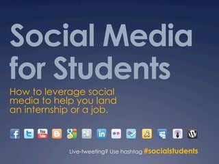 Social Media
for Students
How to leverage social
media to help you land
an internship or a job.



            Live-tweeting? Use hashtag #socialstudents
 