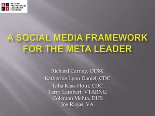 A Social Media FRAMEWORK for the meta leader Richard Carney, ODNI Katherine Lyon Daniel, CDC Taha Kass-Hout, CDCTerry Lambert, VTARNGColeman Mehta, DHSJoe Riojas, VA 