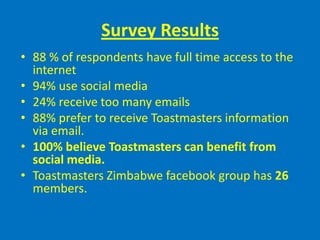 Survey Results
• 88 % of respondents have full time access to the
  internet
• 94% use social media
• 24% receive too many emails
• 88% prefer to receive Toastmasters information
  via email.
• 100% believe Toastmasters can benefit from
  social media.
• Toastmasters Zimbabwe facebook group has 26
  members.
 