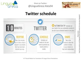 Share on Twitter:
@LinguaGreca #ata54
Photosource:
http://www.pardot.com/infographic/rock-social-media-30-minutes-day-infographic/
IC-7 Social Media For Translators © Lingua Greca Translations
Twitter schedule
 
