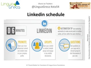 Share on Twitter:
@LinguaGreca #ata54
Photosource:
http://www.pardot.com/infographic/rock-social-media-30-minutes-day-infographic/
IC-7 Social Media For Translators © Lingua Greca Translations
Linkedin schedule
 