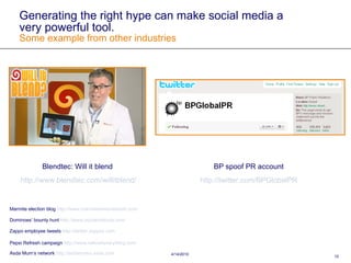 Generating the right hype can make social media a very powerful tool. Some example from other industries Marmite election blog  http:// www.marmitenewsnetwork.com Zappo employee tweets  http:// twitter.zappos.com Pepsi Refresh campaign  http://www.refresheverything.com   Blendtec: Will it blend  http:// www.blendtec.com/willitblend / Asda Mum’s network  http://asdamums.asda.com   Dominoes’ bounty hunt  http://www.pizzaholdouts.com   BP spoof PR account http:// twitter.com/BPGlobalPR 