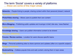 The term ‘Social’ covers a variety of platforms … these are some of the major areas Networks  – People linking to people, sharing content within their personal (closed ) network Facebook, LinkedIn Micro Blogging  – Publishing public updates and musings in brief, bite size, ‘news flashes’ Twitter, Tumblr Blogs  – Personal publishing sites to share opinions and updates (often on a specific subject) Blogger, Wordpress Bookmarking  – Collates popular links and web content, storing them in topic areas Digg, delicious Photo/Video sharing  – Allows users to publish their own content  Flickr, Youtube Knowledge sharing  – Users can publish informative content to be shared Wikipedia, Slideshare Forums / Review centres  – Location for users discuss specific topics Money Saving expert, Trip advisor 