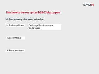 Reichweite versus spitze B2B-Zielgruppen

Online-Nutzer qualiﬁzierten sich selbst

In Suchmaschinen       Suchbegriﬀe = Interessen,
                       Bedürfnisse



In Social Media




Auf Ihrer Webseite
 