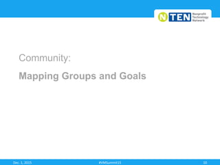 Community:
Mapping Groups and Goals
Dec.	
  1,	
  2015	
   #VMSummit15	
   10	
  
 