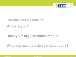 Introductions & Priorities
Who are you?
Does your org use social media?
What big question do you have today?
Dec.	
  1,	
  2015	
   #VMSummit15	
   3	
  
 