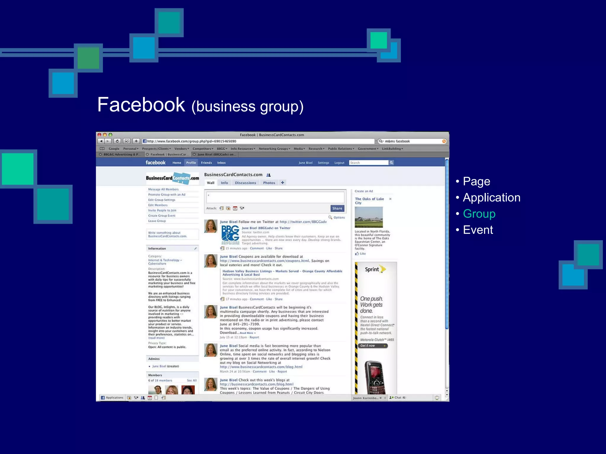 Facebook  (business group) •  Page •  Application •  Group •  Event 