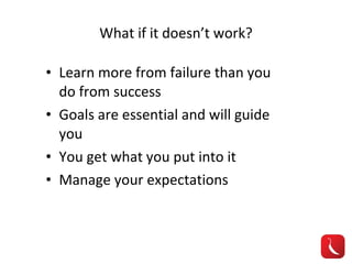 What if it doesn’t work? Learn more from failure than you do from success Goals are essential and will guide you You get what you put into it Manage your expectations 