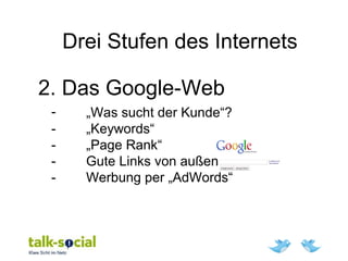 Drei Stufen des Internets
2. Das Google-Web
- „Was sucht der Kunde“?
- „Keywords“
- „Page Rank“
- Gute Links von außen
- Werbung per „AdWords“
 
