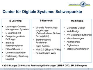 10
E-Learning
• Learning & Content
Management Systems
• E-Learning 2.0
• Computergestützte
Prüfungen
• Internes
Förderprogramm
• FU auf iTunes U
• Unterrichtssoftware
• Fortbildung, Beratung,
Support
E-Research
• Virtuelle Forschungs-
umgebungen
(Online-Archive, Online-
Enzyklpädie)
• Elektronisches
Publizieren
• Open Access
• Web 2.0 (Blogs & Wikis)
• Semantisches Web
Multimedia
• Corporate Design
• Web Design
• AV-Medienproduktionen
• Visualisierungen
• Animationen
• Digitaldruck
• Mobile Anwendungen
CeDiS Budget: 35-60% aus Forschungsförderungen (BMBF, DFG, EU, Stiftungen)
Center für Digitale Systeme: Schwerpunkte
- Center für Digitale Systeme (CeDiS) – Ringvorlesung e-teaching.org - 6. Juli 2015
 