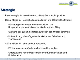 16
Strategie
- Eine Strategie für verschiedene universitäre Handlungsfelder
- Social Media für Hochschulkommunikation und Öffentlichkeitsarbeit
- Förderung eines neuen Kommunikations- und
Kooperationsverständnisses im akademischen Alltag
- Stärkung der Zusammenarbeit zwischen den Mitarbeiter/innen
- Unterstützung einer Organisationskultur der Offenheit und
Transparenz
- Social Media für Lehre und für Forschung
- Förderung einer veränderten Lehr- und Lernkultur
- Unterstützung neuer Möglichkeiten der Kommunikation und
Kollaboration
- Center für Digitale Systeme (CeDiS) – Ringvorlesung e-teaching.org - 6. Juli 2015
 