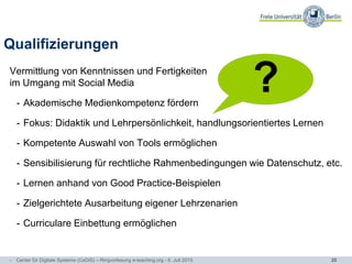 20
Qualifizierungen
Vermittlung von Kenntnissen und Fertigkeiten
im Umgang mit Social Media
- Akademische Medienkompetenz fördern
- Fokus: Didaktik und Lehrpersönlichkeit, handlungsorientiertes Lernen
- Kompetente Auswahl von Tools ermöglichen
- Sensibilisierung für rechtliche Rahmenbedingungen wie Datenschutz, etc.
- Lernen anhand von Good Practice-Beispielen
- Zielgerichtete Ausarbeitung eigener Lehrzenarien
- Curriculare Einbettung ermöglichen
?
- Center für Digitale Systeme (CeDiS) – Ringvorlesung e-teaching.org - 6. Juli 2015
 