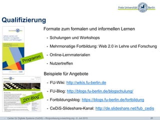 21
Qualifizierung
Formate zum formalen und informellen Lernen
- Schulungen und Workshops
- Mehrmonatige Fortbildung: Web 2.0 in Lehre und Forschung
- Online-Lernmaterialien
- Nutzertreffen
Beispiele für Angebote
- FU-Wiki: http://wikis.fu-berlin.de
- FU-Blog: http://blogs.fu-berlin.de/blogschulung/
- Fortbildungsblog: https://blogs.fu-berlin.de/fortbildung
- CeDiS-Slideshare-Kanal: http://de.slideshare.net/fub_cedis
- Center für Digitale Systeme (CeDiS) – Ringvorlesung e-teaching.org - 6. Juli 2015
 