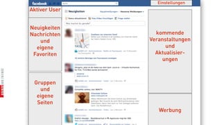 Einstellungen
Aktiver User


Neuigkeiten
Nachrichten      kommende
   und         Veranstaltungen
  eigene             und
 Favoriten       Aktualisier-
                   ungen



 Gruppen
   und
  eigene
  Seiten
                  Werbung
 