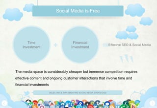 Social Media is Free




       Time                                Financial
                                                                           Effective SEO & Social Media
    Investment                            Investment




The media space is considerably cheaper but immense competition requires
effective content and ongoing customer interactions that involve time and
financial investments

                        SELECTING & IMPLEMENTING SOCIAL MEDIA STRATEGIES
 