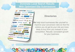 Dominate Local Search Results
With Optimized Site Submissions



                                       Directories

                    We help local businesses like yourself to
                     improve your conversion ratio so that the
                      visitors you do get to your site are more
                        likely to buy from you instead of your
                      competition. Results: consistent growth
                                   for your business.




   SELECTING & IMPLEMENTING SOCIAL MEDIA STRATEGIES
 