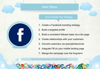 Next Steps


                  How to Build Your Strategy


         1. Create a Facebook branding strategy

         2. Build a targeted profile

         3. Build a consistent follower base via a fan page

         4. Create relationships with your customers

         5. Convert customers via specials/discounts

         6. Integrate FB on your mobile landing page

         7. Mange the campaign over the long-term

SELECTING & IMPLEMENTING SOCIAL MEDIA STRATEGIES
 
