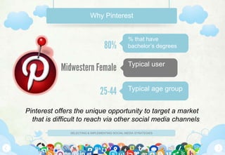 Why Pinterest


                                                % that have
                                  80%           bachelor’s degrees


            Midwestern Female                   Typical user



                                25-44           Typical age group


Pinterest offers the unique opportunity to target a market
  that is difficult to reach via other social media channels
               SELECTING & IMPLEMENTING SOCIAL MEDIA STRATEGIES
 