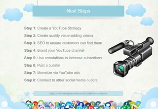 Next Steps


Step 1: Create a YouTube Strategy

Step 2: Create quality value-adding videos

Step 3: SEO to ensure customers can find them

Step 4: Brand your YouTube channel

Step 5: Use annotations to increase subscribers

Step 6: Post a bulletin

Step 7: Monetize via YouTube ads

Step 8: Connect to other social media outlets


                SELECTING & IMPLEMENTING SOCIAL MEDIA STRATEGIES
 