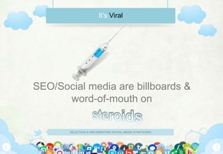 It’s Viral




SEO/Social media are billboards &
      word-of-mouth on


       SELECTING & IMPLEMENTING SOCIAL MEDIA STRATEGIES
 