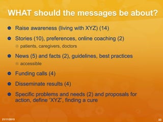 WHAT should the messages be about?
21/11/2015
 Raise awareness (living with XYZ) (14)
 Stories (10), preferences, online coaching (2)
 patients, caregivers, doctors
 News (5) and facts (2), guidelines, best practices
 accessible
 Funding calls (4)
 Disseminate results (4)
 Specific problems and needs (2) and proposals for
action, define ‘XYZ’, finding a cure
33
 