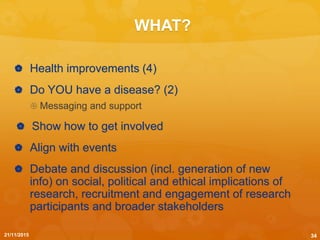 WHAT?
21/11/2015
 Health improvements (4)
 Do YOU have a disease? (2)
 Messaging and support
 Show how to get involved
 Align with events
 Debate and discussion (incl. generation of new
info) on social, political and ethical implications of
research, recruitment and engagement of research
participants and broader stakeholders
34
 