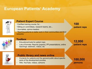 Patient Expert Course
Certified training course, for…
Sitting on committees, research teams, etc...
Journalists, opinion leaders
Teaching patients to better work in their communities and their
networks
European Patients‘ Academy
100
patient reps
12,000
patient reps
100,000
persons
Toolbox
 Educational tools for patient reps
 Lots of formats: Reports (papers), PP presentations, online
teachings: webinars, vídeos, etc
Public library and news online
 Contents for patients and the general public about specific
parts of the development process
 Wiki, YouTube, vídeos, cartoons
 