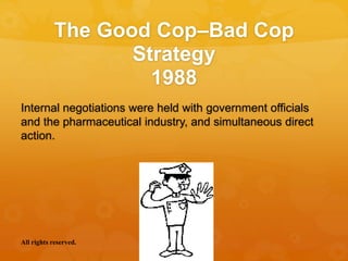 The Good Cop–Bad Cop
Strategy
1988
Internal negotiations were held with government officials
and the pharmaceutical industry, and simultaneous direct
action.
All rights reserved.
 