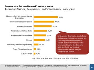 INHALTE DER SOCIAL-MEDIA-KOMMUNIKATION
ALLGEMEINE BERICHTE, INNOVATIONS- UND PRODUKTTHEMEN                                                     LIEGEN VORNE


  Allgemeine Berichterstattung über die
                                                                                                  56,9%
              Organisation

        Neuerungen/Ideen/Innovationen                                                      48,2%

                       Produktinformationen                                            42,1%

           Personalthemen/offene Stellen                                      30,9%

           Kundenservice/Kundenbelange                                      28,7%               Je länger eine Organisation bereits Social
                                                                                                Media einsetzt, je besser gerüstet sie sich
                                       Werbung                            26,3%                 fühlt und je mehr Anwendungen sie
                                                                                                einsetzt, desto mehr Themen werden
    Produktion/Dienstleistungserstellung                       11,1%                            kommuniziert (starke Korrelationen).
                                                                                                Behörden, Politik und Verbände
               Finanz-/Verwaltungsthemen                  5,0%                                  kommunizieren über die geringste
                                                                                                Bandbreite von Themen.
                              IT/EDV-Services            4,0%


                                                  0% 10% 20% 30% 40% 50% 60% 70% 80% 90% 100%



Social Media Governance 2011 / n = 596 Kommunikationsverantwortliche / F 3: Zu welchen Themenbereichen informiert Ihre Organisation über Social Media?
Die Größe der Unternehmen hat keinen signifikanten Einfluss / Signifikante Unterschiede zwischen den Organisationstypen.                                 36
 