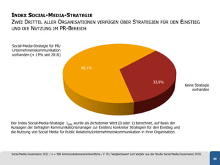 INDEX SOCIAL-MEDIA-STRATEGIE
ZWEI DRITTEL ALLER ORGANISATIONEN                                  VERFÜGEN ÜBER               STRATEGIEN           FÜR DEN         EINSTIEG
UND DIE NUTZUNG IM PR-BEREICH


Social-Media-Strategie für PR/
Unternehmenskommunikation
vorhanden (+ 19% seit 2010)


                                                      66,1%


                                                                                                               33,9%
                                                                                                                                       Keine Strategie
                                                                                                                                           vorhanden




Der Index Social-Media-Strategie ISMS wurde als dichotomer Wert (0 oder 1) berechnet, auf Basis der
Aussagen der befragten Kommunikationsmanager zur Existenz konkreter Strategien für den Einstieg und
die Nutzung von Social Media für Public Relations/Unternehmenskommunikation in ihrer Organisation.




Social Media Governance 2011 / n = 596 Kommunikationsverantwortliche / F 10 / Vergleichswert zum Vorjahr aus der Studie Social Media Governance 2010.
                                                                                                                                                         49
 