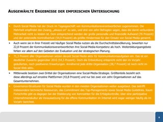 AUSGEWÄHLTE ERGEBNISSE DER EMPIRISCHEN UNTERSUCHUNG


    Durch Social Media hat der Druck im Tagesgeschäft von Kommunikationsverantwortlichen zugenommen. Die
     Mehrheit empfindet den Zwang, „always on“ zu sein, und drei von zehn Befragten sagen, dass die damit verbundene
     Mehrarbeit nicht zu leisten ist. Dem entsprechend werden der große personelle und finanzielle Aufwand (76 Prozent)
     und der potenzielle Kontrollverlust (54,9 Prozent) als größte Hindernisse für den Einsatz von Social Media genannt.
    Auch wenn sie in ihrer Freizeit viel häufiger Social Media nutzen als die Durchschnittsbevölkerung, bewerten nur
     22,8 Prozent der Kommunikationsverantwortlichen ihre Social-Media-Kompetenz als hoch. Weiterbildungsangebote
     fehlen vor allem auf den Gebieten der Evaluation und der strategischen Planung.
    71,3 Prozent aller Organisationen setzen derzeit Social Media aktiv für Kommunikationsaufgaben ein. Das ist ein
     deutlicher Zuwachs gegenüber 2010 (54,3 Prozent). Doch die Entwicklung entspricht nicht den im Vorjahr
     geäußerten, noch positiveren Erwartungen. Annähernd jede dritte Organisation (28,7 Prozent) ist noch nicht im
     Social Web aktiv.
    Mittlerweile besitzen zwei Drittel der Organisationen eine Social-Media-Strategie. Größtenteils bezieht sich
     diese allerdings auf einzelne Plattformen (43,8 Prozent) und nur bei zwei von zehn Organisationen auf das
     Gesamtunternehmen.
    Governance-Strukturen für Social Media wurden in den meisten Organisationen weiter ausgebaut. Das betrifft
     insbesondere technische Ressourcen, das Commitment des Top-Managements sowie Social Media Guidelines. Kaum
     Fortschritte gibt es dagegen bei der Etablierung von Kennzahlen für die Erfolgskontrolle; über eine partizipative
     Unternehmenskultur als Voraussetzung für die offene Kommunikation im Internet wird sogar weniger häufig als im
     Vorjahr berichtet.




                                                                                                                           6
 