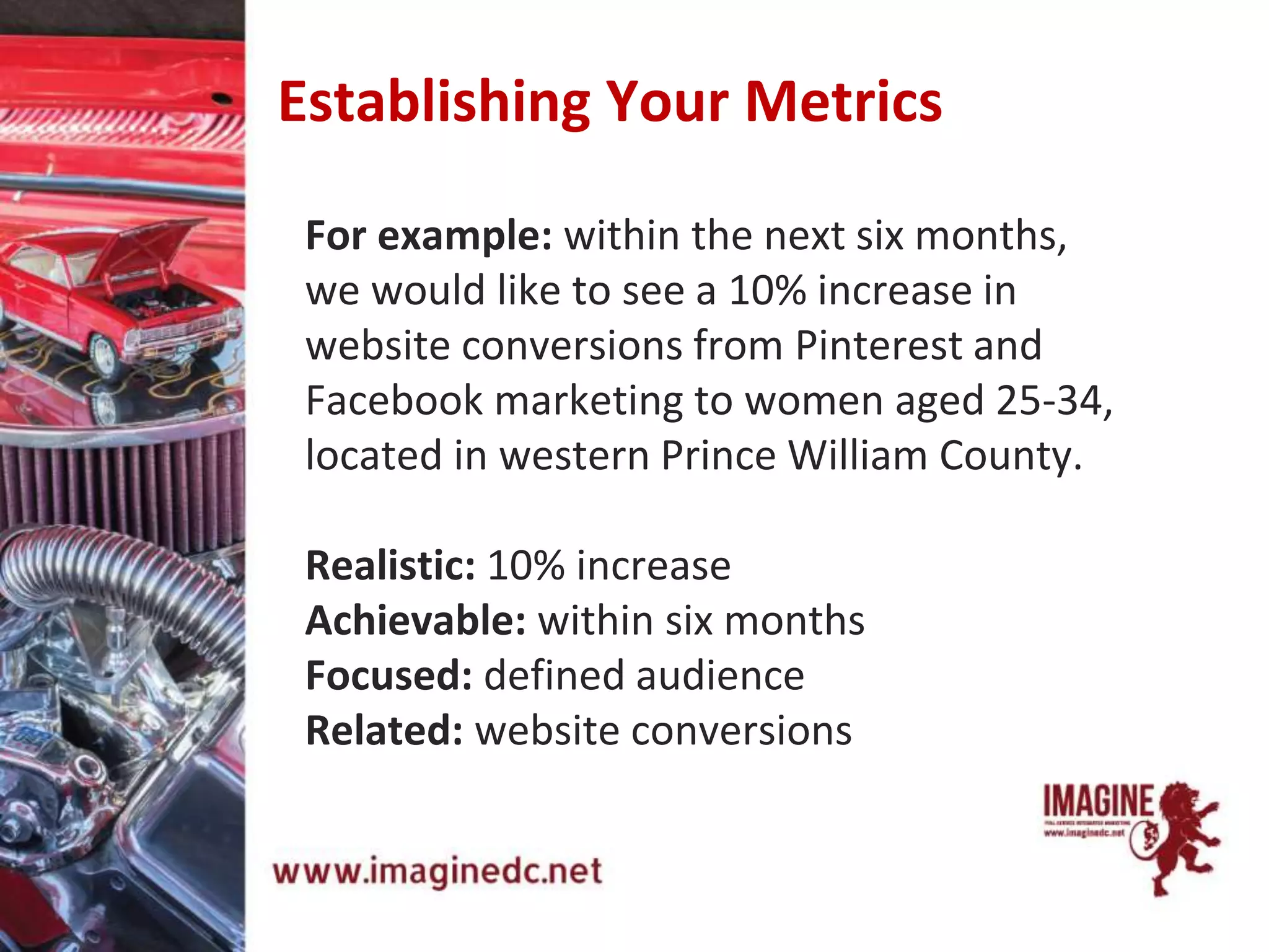 Establishing Your Metrics
For example: within the next six months,
we would like to see a 10% increase in
website conversions from Pinterest and
Facebook marketing to women aged 25-34,
located in western Prince William County.
Realistic: 10% increase
Achievable: within six months
Focused: defined audience
Related: website conversions
 