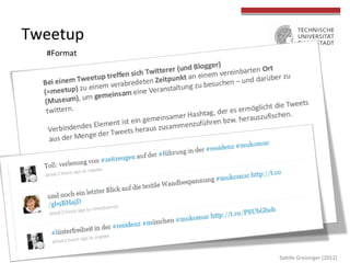 Tweetup	
  
#Format	
  
	
  
	
  
Sybille	
  Greisinger	
  (2012)	
  
 