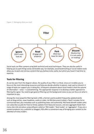 36
Social  tools  can  ﬁlter  content  using  both  technical  and  social  techniques.  They  can  also  be  useful  in  
helping  you  to  park  things  easily-­‐retrievable  way.  For  example,  social  bookmarking  or  social  cita on  tools  
allow  you  to  park  and  retrieve  content  that  you  believe  to  be  useful,  but  which  you  haven’t  had   me  to  
examine.  
Tools  for  ﬁltering
As  can  be  seen  from  the  diagram  above,  the  quality  of  your  ﬁlter  is  cri cal,  since  as  it  enables  you  to  
focus  on  the  most  interes ng  resources  and  help  you  decide  whether  to  ignore,  read,  park  or  discard.  A  
range  of  tools  can  support  you  in  doing  this.  A  frequent  complaint  about  social  media  is  that  the  volume  
of  informa on  –  noise  –  is  overwhelming.  The  appropriate  response  is  to  develop  a  be er  approach  to  
ﬁltering  the  signal.  You  need  to  get  good  at  ﬁltering  out  the  background  noise  so  you  can  focus  on  what  is  
important  to  you.  
Among  the  most  powerful  ﬁltering  tools  is  RSS,  a  format  used  to  publish  frequently  updated  works  
such  as  blog  entries,  news  headlines,  audio  or  video.  An  RSS  document  (called  a  ‘feed’)  includes  full  or  
summarised  text,  plus  metadata  such  as  publishing  dates  and  authorship.  RSS  feeds  beneﬁt  readers  who  
can  subscribe  (usually  for  free)  to   mely  updates  from  favoured  sources,  and  also  aggregate  feeds  from  
many  sites  into  one  place  using  so ware  called  an  ‘RSS  reader’,  ‘feed  reader’,  or  ‘aggregator’.  If  you  are  a  
content  producer  (e.g.  publisher  or  blogger),  RSS  oﬀers  a  convenient  way  of  bringing  your  content  to  the  
a en on  of  many  readers.
Figure 2: Managing what you read
Filter
Ignore
(Don’t  even  
look  at)
Read
(Engage  with  
properly)
Park
(Note  but  
leave  for  later)
Discard
(Realise  that  
it is not useful
on  reading)
 