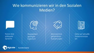 Kundenname
Wie kommunizieren wir in den Sozialen
Medien?
Nutze eine
adäquate
Sprache
Respektiere
geistiges
Eigentum
Kennzeichne
persönliche
Äusserungen
Gehe auf aktuelle
Vorkommnisse
ein
 