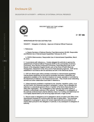 enclosure (2)
                         delegatiOn OF aUthORitY – aPPROval OF eXteRnal OFFicial PReSenceS
Social media handbook




[ 38 ]
The UniTed STaTeS army
 