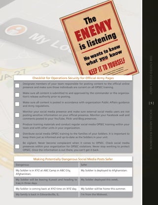 The UniTed STaTeS army
              checklist for Operations Security for Official army Pages
      designate members of your team responsible for posting content to the official online
      presence and make sure those individuals are current on all OPSec training .

      Make sure all content is submitted to and approved by the commander or the organiza-
      tion’s release authority prior to posting .

      Make sure all content is posted in accordance with organization Public affairs guidance        [5]
      and army regulations .




                                                                                                     Social media handbook
      Monitor your social media presence and make sure external social media users are not
      posting sensitive information on your official presence . Monitor your Facebook wall and
      comments posted to your Youtube, Flickr and Blog presences .

      Produce training materials and conduct regular social media OPSec training within your
      team and with other units in your organization .

      distribute social media OPSec training to the families of your Soldiers . it is important to
      keep them just as informed and up-to-date as the Soldiers in your unit .

      Be vigilant . never become complacent when it comes to OPSec . check social media
      presences within your organization for OPSec violations . never stop working to protect
      OPSec . Once the information is out there, you can’t get it back .


               Making Potentially dangerous Social Media Posts Safer
dangerous                                               Safer

My Soldier is in XYZ at aBc camp in aBc city,           My Soldier is deployed to afghanistan .
afghanistan .

My Soldier will be leaving Kuwait and heading to        My Soldier deployed this week .
iraq in three days .

My Soldier is coming back at XYZ time on XYZ day .      My Soldier will be home this summer .

My family is back in edwardsville, il .                 i’m from the Midwest .
 