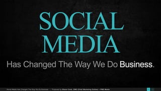 291
SOCIAL
MEDIA
Has Changed The Way We Do Business.
Social Media Has Changed The Way We Do Business -- Produced by Shaun Cook, CMO (Chief Marketing Outlaw) – PMG Media
 