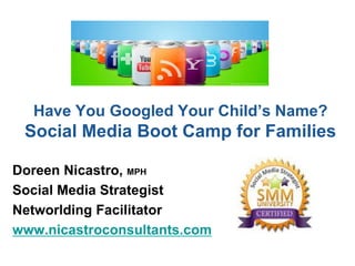 Have You Googled Your Child’s Name?

Social Media Boot Camp for Families
Doreen Nicastro, MPH
Social Media Strategist
Networlding Facilitator
www.nicastroconsultants.com

 