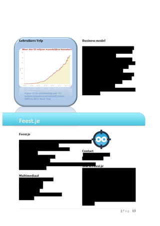 Gebruikers	
  Yelp	
                                                  Business	
  model	
  	
  
	
                                                                    	
  
                                                                      Bedrijven	
  kunnen	
  gratis	
  een	
  zakelijke	
  
                                                                      account	
  aanmaken	
  in	
  Yelp	
  waardoor	
  
                                                                      ze	
  toegang	
  krijgen	
  tot	
  de	
  
                                                                      basisgegevens	
  van	
  de	
  vermelding	
  en	
  
                                                                      bezoekers	
  statistieken.	
  Bedrijven	
  in	
  de	
  
                                                                      VS	
  die	
  adverteren	
  bij	
  Yelp,	
  komen	
  
                                                                      prominenter	
  naar	
  voren	
  in	
  de	
  
                                                                      zoekresultaten	
  en	
  hebben	
  additionele	
  
                                                                      marketing	
  mogelijkheden	
  (zoals	
  het	
  
                                                                      toevoegen	
  van	
  video’s	
  en	
  een	
  
                                                                      persoonlijke	
  boodschap	
  
                                                                      Vooralsnog	
  is	
  adverteren	
  in	
  Nederland	
  
       Figuur	
  12:De	
  ontwikkeling	
  naar	
  	
  53	
            niet	
  mogelijk.	
  	
  
       miljoen	
  bezoekers(wereldwijd)	
  tussen	
  	
  
       2005	
  en	
  2011.	
  Bron:	
  Yelp	
  
                                                                      	
  
                                                               	
  
	
  
	
  
	
  

Feest.je	
  	
  
	
  
	
  
Feest.je	
  
	
  
Opgericht:	
  2010	
                                                                  	
  
Aantal	
  gebruikers:	
  onbekend	
  
Opgericht	
  door:	
  Aldert	
  Greydanus	
  en	
  
                                                                      Contact	
  
Erik	
  Huisman	
  
                                                                      	
  +31 (0)627590365	
  
Eigendom	
  van:	
  Feest.je	
  BV	
  	
  
                                                                      Aldert@feest.je	
  
Gevestigd:	
  Amsterdam	
  	
  	
  
                                                                      	
  
Werknemers:	
  <10	
                                                                    	
  
                                                                      Wat	
  is	
  Feest.je	
  
Actief	
  in:	
  Nederland	
  	
  
                                                                      Feest.je	
   	
   is	
   een	
   Nederlandse	
   LBS,	
   die	
  
	
                                                                    erg	
   lijkt	
   op	
   Foursquare.	
   Verschillen	
  
Multimediaal	
  
                                                                      zijn	
   dat	
   Feest.je	
   zich	
   naast	
   locaties	
  
Website	
  Feest.je:	
  Feest.je	
  	
  
                                                                      (spots)	
   zich	
   ook	
   specifiek	
   richt	
   op	
  
Mobiel:	
  m.feest.je	
  
                                                                      evenementen	
   (‘feestjes’).	
   Een	
   ander	
  
Blog:	
  blog.feest.je	
  
                                                                      verschil	
   is	
   dat	
   men	
   ook	
   een	
  
Twitter:	
  @fstje	
  
                                                                      beoordeling	
   kan	
   toevoegen	
   aan	
   een	
  
Mobiele	
  apps:	
  Iphone,	
  Android,	
  
                                                                      spot	
   (wat	
   bij	
   Foursquare	
   niet	
   kan).	
  
Blackberry	
  
                                                                      Feest.je	
   profileert	
   zich	
   als	
   een	
   lokaal	
  
	
  
                                                                      initiatief.	
  	
  

                                                                                                                    |	
  P a g . 	
  13	
  
	
  
 