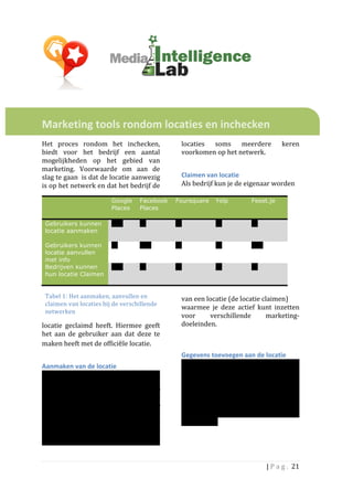  
	
  
	
  

Marketing	
  tools	
  rondom	
  locaties	
  en	
  inchecken	
  	
  
	
  
Het	
   proces	
   rondom	
   het	
   inchecken,	
                                 locaties	
   soms	
   meerdere	
                           keren	
  
biedt	
   voor	
   het	
   bedrijf	
   een	
   aantal	
                            voorkomen	
  op	
  het	
  netwerk.	
  	
  
mogelijkheden	
   op	
   het	
   gebied	
   van	
                                  	
  
marketing.	
   Voorwaarde	
   om	
   aan	
   de	
  
slag	
   te	
   gaan	
   	
   is	
   dat	
   de	
   locatie	
   aanwezig	
         Claimen	
  van	
  locatie	
  
is	
  op	
  het	
  netwerk	
  en	
  dat	
  het	
  bedrijf	
  de	
                  Als	
  bedrijf	
  kun	
  je	
  de	
  eigenaar	
  worden	
  	
  

                	
                          Google            Facebook         Foursquare	
   Yelp 	
                     Feest.je	
  
                                            Places	
          Places	
  

       Gebruikers kunnen                    Nee	
             Ja	
             Ja	
                   Ja	
                Ja	
  
       locatie aanmaken	
  

       Gebruikers kunnen        Ja	
                          Nee	
            Ja	
                   Ja	
                Nee	
  
       locatie aanvullen
       met info	
  
       Bedrijven kunnen         Nee	
                         Ja	
             Ja	
                   Ja	
                Ja	
  
       hun locatie Claimen 	
  

                                                                                   	
  
       Tabel	
  1:	
  Het	
  aanmaken,	
  aanvullen	
  en	
                        van	
  een	
  locatie	
  (de	
  locatie	
  claimen)	
  	
  
       claimen	
  van	
  locaties	
  bij	
  de	
  verschillende	
  
                                                                                   waarmee	
   je	
   deze	
   actief	
   kunt	
   inzetten	
  
       netwerken	
  
                                                                                   voor	
         verschillende	
              marketing-­‐
locatie	
   geclaimd	
   heeft.	
   Hiermee	
   geeft	
                            doeleinden.	
  	
  
het	
   aan	
   de	
   gebruiker	
   aan	
   dat	
   deze	
   te	
                 	
  
maken	
  heeft	
  met	
  de	
  officiële	
  locatie.	
  	
                         	
  
	
                                                                                 Gegevens	
  toevoegen	
  aan	
  de	
  locatie	
  	
  
Aanmaken	
  van	
  de	
  locatie	
                                                 Afgezien	
  van	
  de	
  naam	
  en	
  de	
  plaats	
  van	
  
Het	
  bedrijf	
  hoeft	
  vaak	
  zelf	
  geen	
  actie	
  te	
                   de	
   locatie,	
   kan	
   de	
   vermelding	
   nog	
  
ondernemen	
   als	
   het	
   gaat	
   om	
   het	
   als	
                       meer	
   informatie	
   bevatten	
   over	
   de	
  
locatie	
   op	
   te	
   nemen.	
   Bedrijfs	
   -­‐en/of	
                       locatie	
   bevatten.	
   	
   Sommige	
   van	
   deze	
  
positiegegevens	
   zijn	
   regelmatig	
   al	
                                   informatie	
   is	
   door	
   het	
   bedrijf	
   zelf	
   aan	
  
verzameld	
   door	
   het	
   netwerk	
   zelf	
                                  te	
   vullen,	
   sommige	
   informatie	
   	
   wordt	
  
(zoals	
   bij	
   Google	
   places)	
   of	
   door	
   de	
                     door	
             gebruikers/	
             bezoekers	
  
gebruikers	
   (zoals	
   bij	
   Foursquare).	
                                   toegevoegd.	
  	
  
Door	
   deze	
   laatste	
   mogelijkheid,	
   kan	
                              	
  
het	
   zijn	
   dat	
   bedrijven	
   en	
   andere	
  


                                                                                                                                    |	
  P a g . 	
  21	
  
	
  
 