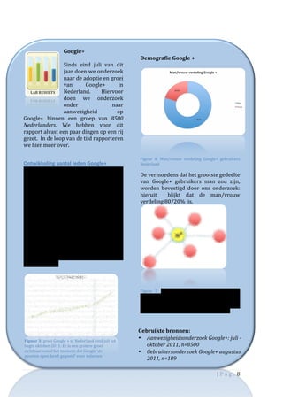                                                                                     	
  	
  
	
                                                                                     	
  
                              Google+	
                                                	
  
                              	
                                                       Demografie	
  Google	
  +	
  
                              Sinds	
   eind	
   juli	
   van	
   dit	
                	
  
                              jaar	
  doen	
  we	
  onderzoek	
  
                              naar	
  de	
  adoptie	
  en	
  groei	
  
                              van	
             Google+	
          in	
  
                              Nederland.	
                Hiervoor	
  
                              doen	
   we	
   onderzoek	
  
                              onder	
                         naar	
  
                              aanwezigheid	
                      op	
  	
  
Google+	
   binnen	
   een	
   groep	
   van	
   8500	
  
Nederlanders.	
   We	
   hebben	
   voor	
   dit	
  
rapport	
  alvast	
  een	
  paar	
  dingen	
  op	
  een	
  rij	
  
gezet.	
  	
  In	
  de	
  loop	
  van	
  de	
  tijd	
  rapporteren	
  
we	
  hier	
  meer	
  over.	
  
	
                                                                                                                                                                             	
  
                                                                                       Figuur	
   4:	
   Man/vrouw	
   verdeling	
   Google+	
   gebruikers	
  
Ontwikkeling	
  aantal	
  leden	
  Google+	
                                           Nederland	
  
Sinds	
  Google	
  in	
  juni	
  van	
  dit	
  jaar	
  Google+	
  
lanceerde	
   is	
   het	
   volgens	
   eigen	
   zeggen	
                            De	
  vermoedens	
  dat	
  het	
  grootste	
  gedeelte	
  
hard	
   gegaan	
   met	
   het	
   sociale	
   netwerk.	
                             van	
   Google+	
   gebruikers	
   man	
   zou	
   zijn,	
  
Onlangs	
   rapporteerde	
   het	
   de	
   40	
                                       worden	
   bevestigd	
   door	
   ons	
   onderzoek:	
  	
  
miljoenste	
   gebruiker.	
   	
   We	
   berekenden	
                                 hieruit	
   	
   blijkt	
   dat	
   de	
   man/vrouw	
  
aan	
   de	
   hand	
   van	
   ons	
   onderzoek	
   dat	
   het	
                    verdeling	
  80/20%	
  	
  is.	
  
aantal	
   gebruikers	
   in	
   Nederland	
   begin	
  
oktober	
  hoogstens	
  325.000	
  bedroeg.	
  Dit	
  
komt	
  overeen	
  met	
  nog	
  geen	
  3%	
  van	
  de	
  
internetpopulatie.	
   Opvallend	
   is	
   dat	
   na	
  
het	
   vrijgeven	
   van	
   de	
   toegang	
   tot	
  	
  
Google+	
   halverwege	
   september,	
   het	
  
aantal	
   gebruikers	
   in	
   2	
   weken	
   tijd	
  
ongeveer	
   net	
   zoveel	
   groeide	
   als	
   in	
   de	
   7	
  
weken	
  ervoor.	
  


                                                                                                                                                               	
  
                                                                                       Figuur	
   5:	
   gemiddeld	
   hebben	
   leden	
   6	
   vrienden	
   op	
  
                                                                                       Google+.	
  Interessant	
  is	
  dat	
  dit	
  gemiddelde	
  daalde	
  in	
  de	
  
                                                                                       loop	
  van	
  het	
  onderzoek.	
  Waarschijnlijk	
  komt	
  dit	
  door	
  
                                                                                       de	
   grote	
   aanwas	
   van	
   nieuwe	
   leden.	
   Het	
   zou	
   erop	
  
                                                                                       kunnen	
  wijzen	
  dat	
  Google+	
  nog	
  altijd	
  sterk	
  groeit	
  

                                                                                       	
  
                                                                                       Gebruikte	
  bronnen:	
  
  Figuur	
  3:	
  groei	
  Google	
  +	
  in	
  Nederland	
  eind	
  juli	
  tot	
  
                                                                                       • Aanwezigheidsonderzoek	
  Google+:	
  juli	
  -­‐
  begin	
  oktober	
  2011:	
  Er	
  is	
  een	
  grotere	
  groei	
                      oktober	
  2011,	
  n=8500	
  
  zichtbaar	
  vanaf	
  het	
  moment	
  dat	
  Google	
  ‘de	
                        • Gebruikersonderzoek	
  Google+	
  augustus	
  
  poorten	
  open	
  heeft	
  gegooid’	
  voor	
  iedereen	
  
                                                                                          2011,	
  n=189	
  

                                                                                                                                                      |	
  P a g . 	
  8	
  
	
  
 